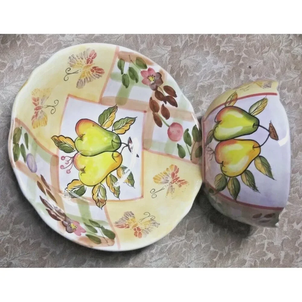 set of 2 Botanical Pattern Soup & Salad Bowls Miriam Designs chunky handpainted